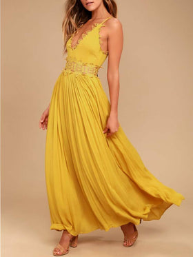 Maxi Robe à Col en V en Dentelle Jaune - CA Mode