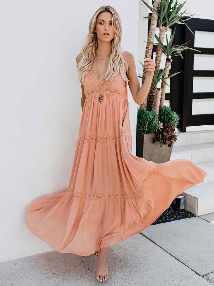 Maxi Robe Col en V sans Manches Rose Claire - CA Mode