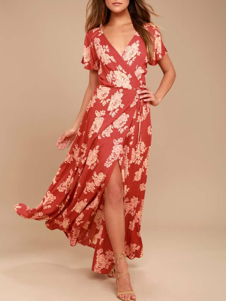 Robe Longue à Imprimé Floral Rouge