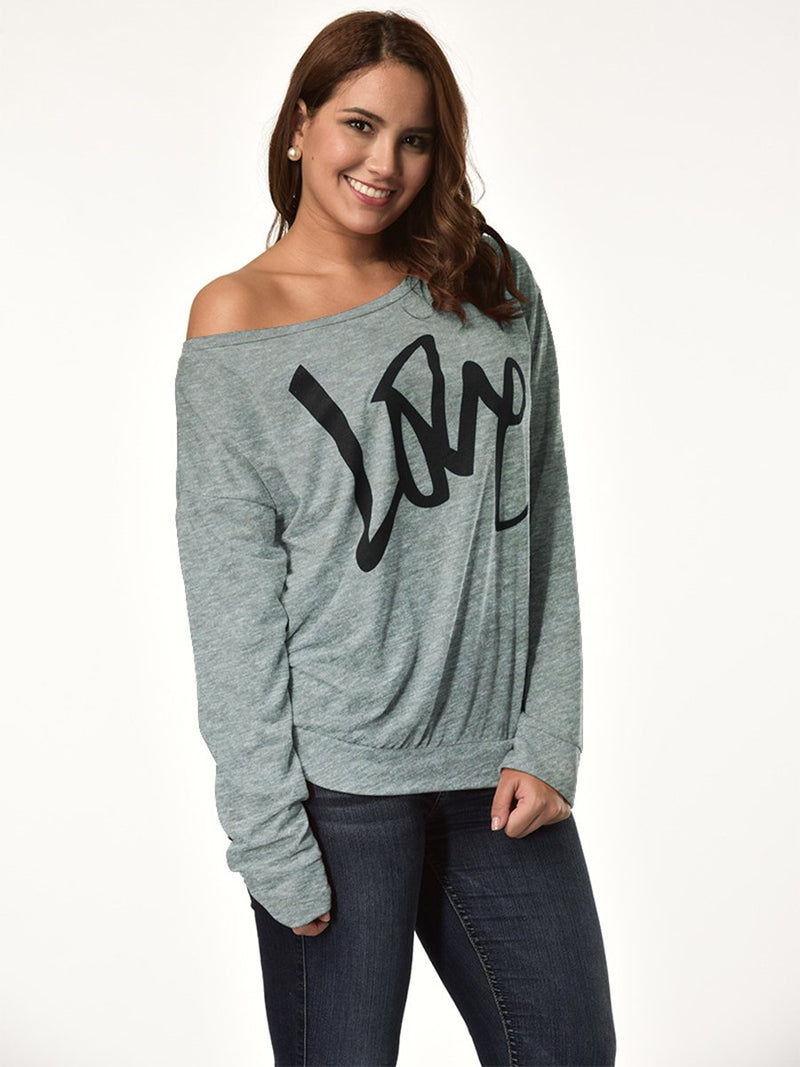 Sweat-shirt à Epaule Dénudé Imprimé avec Lettres de LOVE