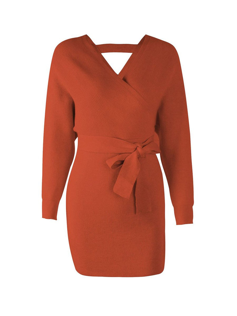 Robe Orange en Tricot à Manches Longues avec Ceinture