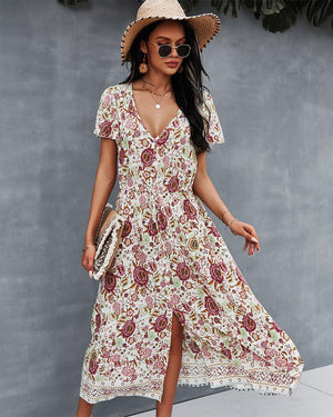 Robe Longue Floral Manches Courtes en Col V