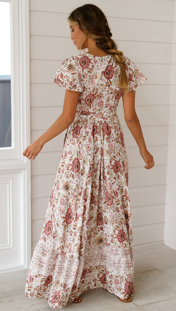 Robe Maxi Floral à Manches Courtes et Col en V