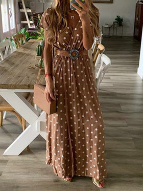 Robe Maxi Manches Courtes Col V Pois