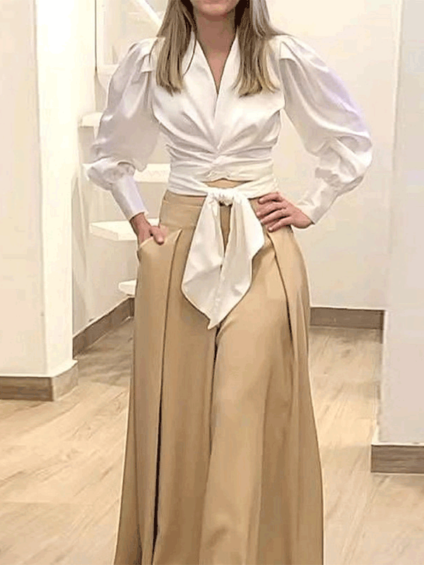 Women's Sets V-Neck Long Sleeve Blouses & Wide Leg Pants Two-Piece Set