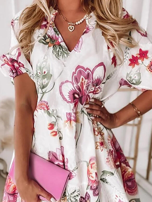 Robe Décontractée Manches Courtes Col V Floral