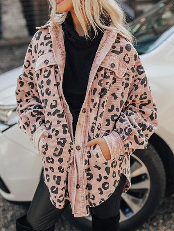 Women's Jackets Leopard Print Pocket Button Long Sleeve Jacket