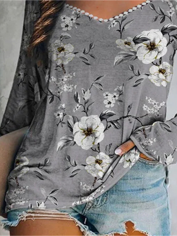 Women's T-Shirts Square Neck Lace Print Casual T-Shirt