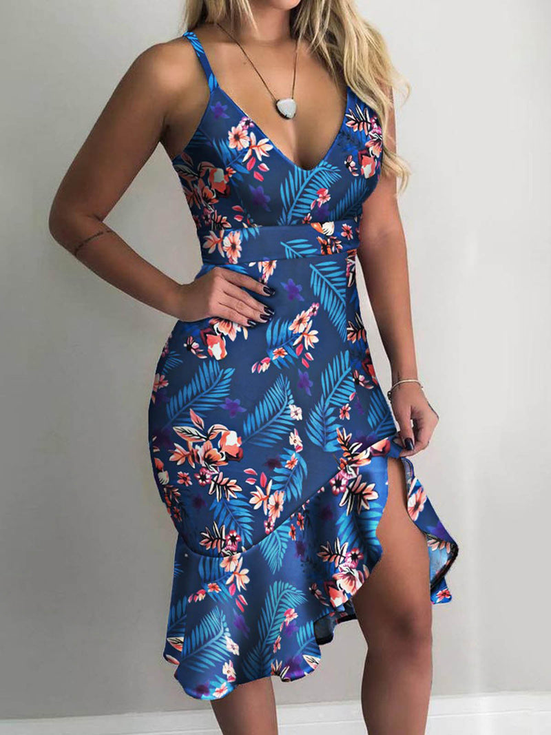 Women's Dresses Printed Sling V-Neck Ruffle Dress