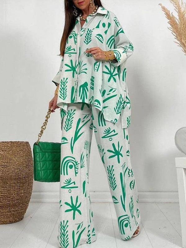 Women's Sets Printed Doll Sleeve Shirt & Wide Leg Pants Two Piece Set