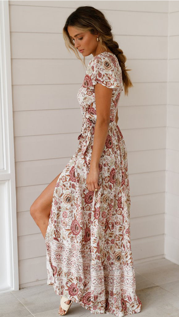 Robe Maxi Floral à Manches Courtes et Col en V