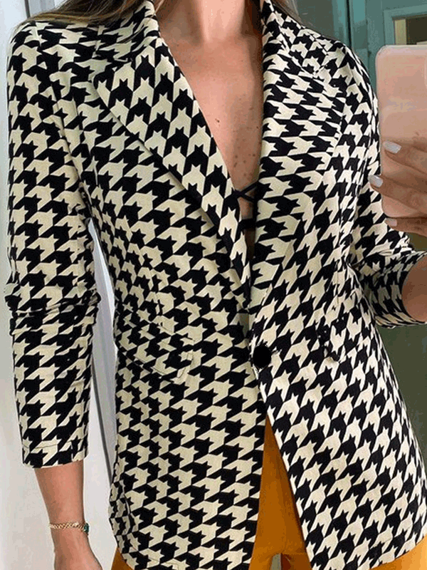 Women's Blazers Houndstooth Lapel Long Sleeve Slim Blazers