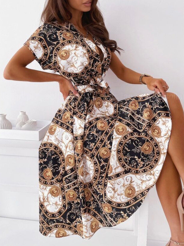 Women's Dresses Printed V-Neck Tie Shirt Dress