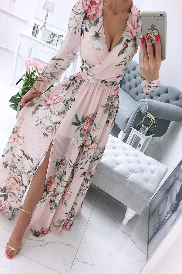 Robe Maxi Fendue Floral Col V Profond Manches Longues