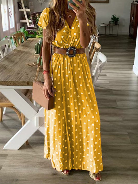 Robe Maxi Manches Courtes Col V Pois