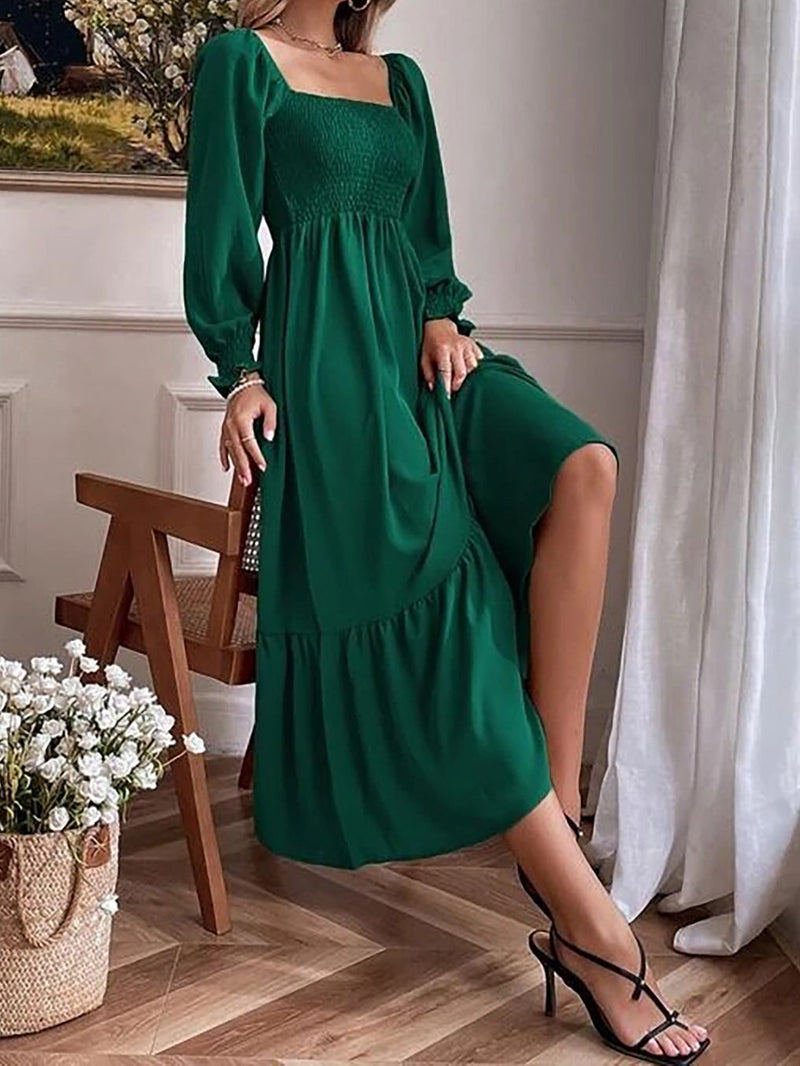 Women's Dresses Square Neck High Waist Long Sleeve Ruffle Dress