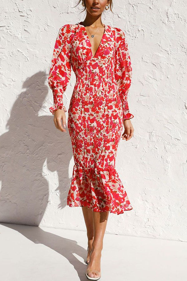 Rowena Floral Bishop Sleeve Smocked Midi Dress