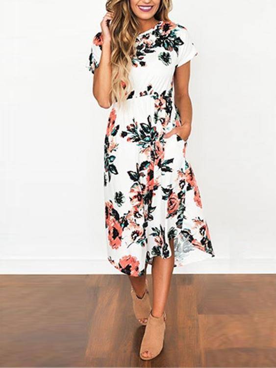 Robe à Imprimé Floral Col Rond