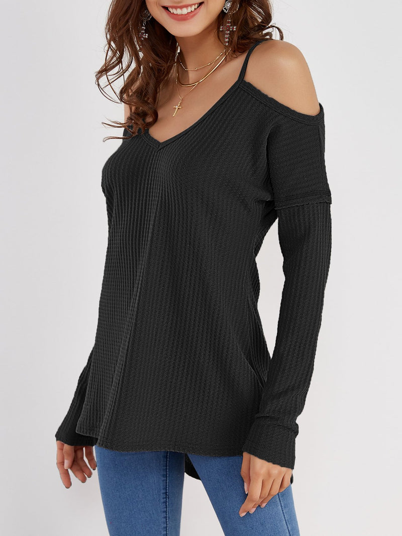 Top à Manche Longue Shirt Haut Noir Epaules Dénudées