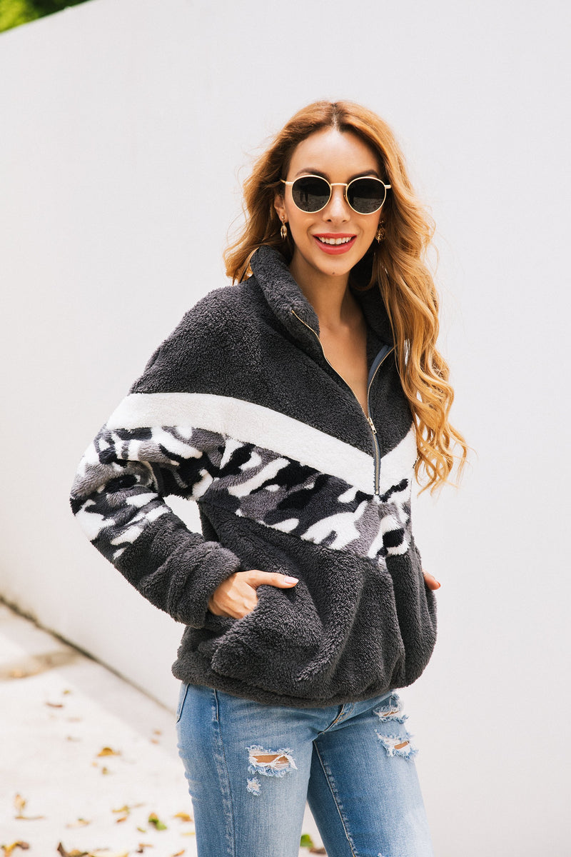 Pull Manches Longues Sherpa Sweatshirt Fermeture Éclair