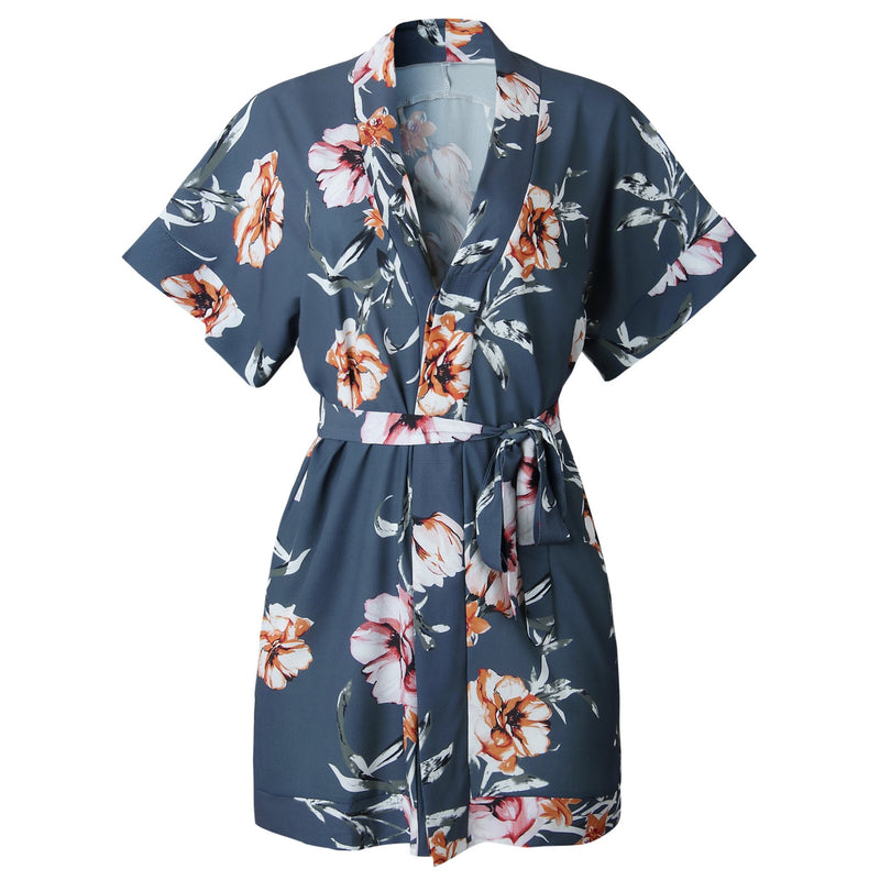 Mini Robe Floral à Col V en Boutons et Taille Ceinture