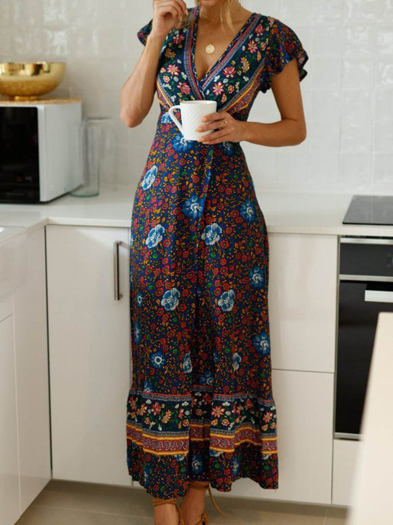 Robe Maxi Floral à Manches Courtes et Col en V