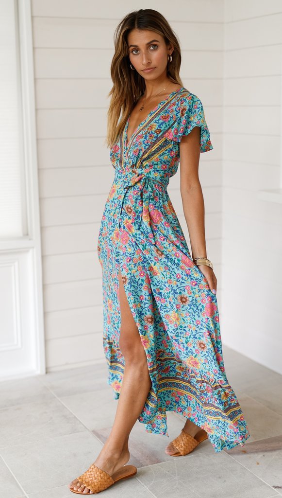 Robe Maxi Floral à Manches Courtes et Col en V