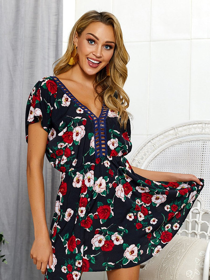 Mini Robe Imprimée Floral à Encolure en V Dos Nu