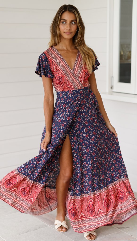 Maxi Robe Floral à Col en V Ouvert