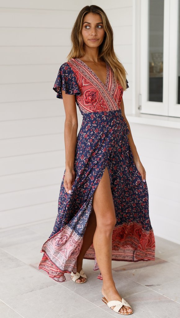 Maxi Robe Floral à Col en V Ouvert