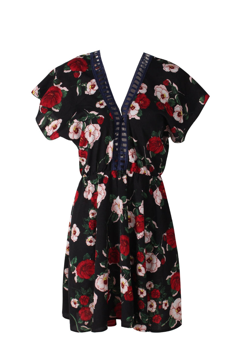 Mini Robe Imprimée Floral à Encolure en V Dos Nu