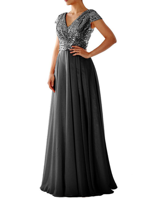 Women's Dresses V Neck Sequin Chiffon Panel Maxi Dress