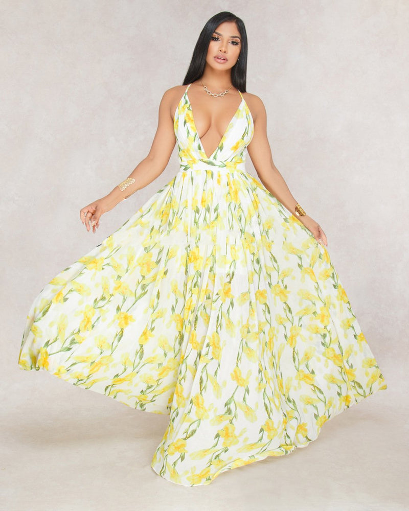 Robe Longue Plissée Dos Nu Imprimé Floral