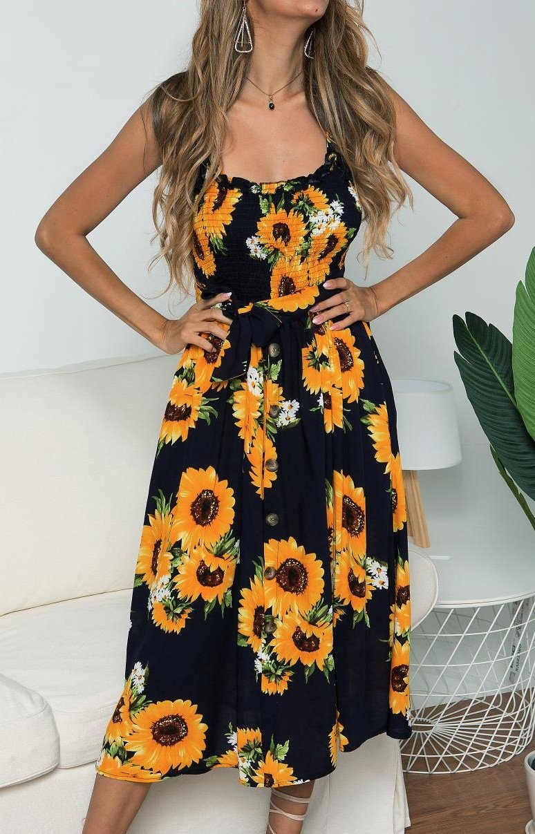 Robe Midi Floral Bretelles Spaghetti Noué Côté Bohème