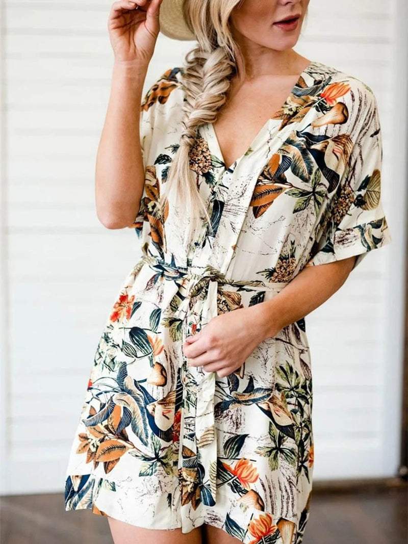 Mini Robe Floral à Col V en Boutons et Taille Ceinture