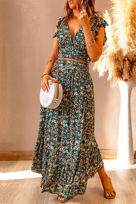 V Neck Ruffle Crop Top High Waist Maxi Skirt Floral Set