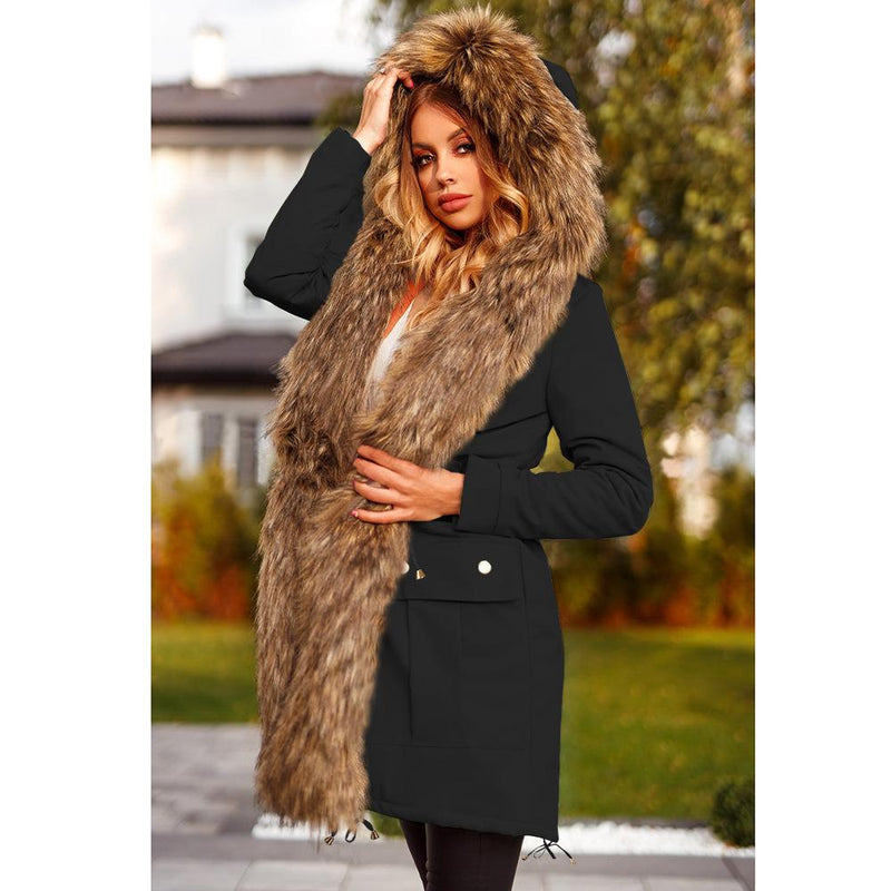 Manteau Long Capuche Col en Fausse Fourrure