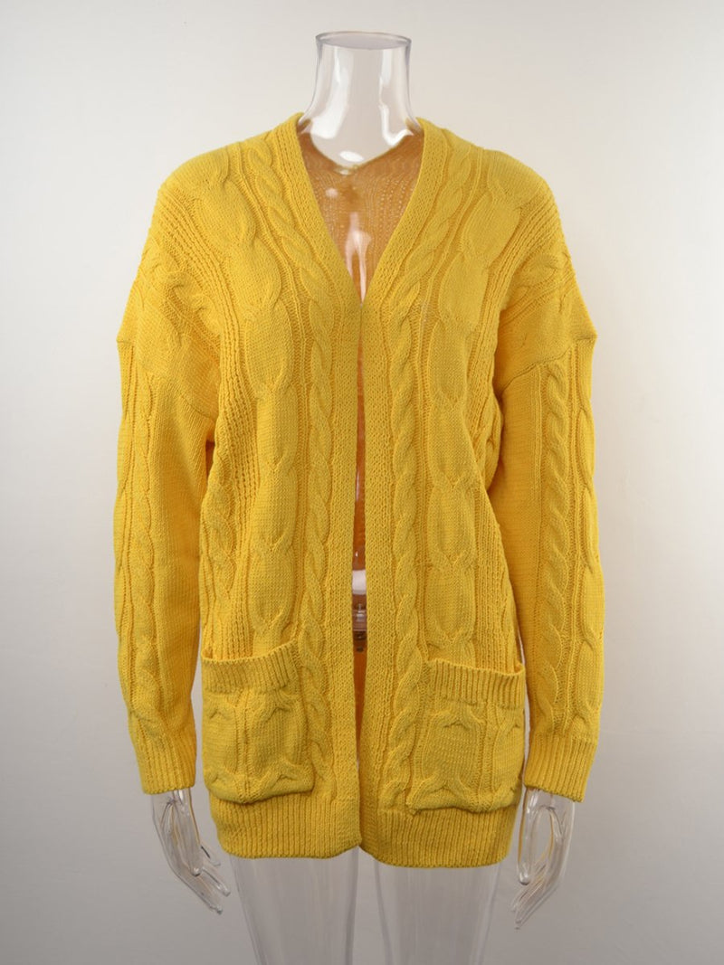 Cardigan Manches Longues en Tricot Torsadé Boutonné Devant