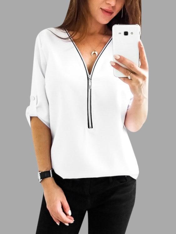 Zip Design V-neck Long Sleeves T-shirts