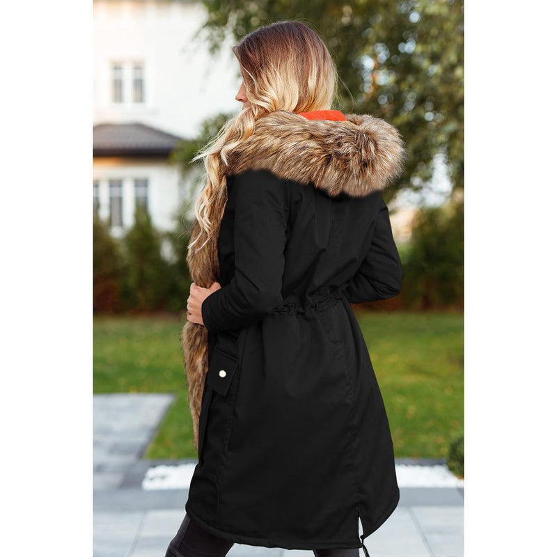 Manteau Long Capuche Col en Fausse Fourrure