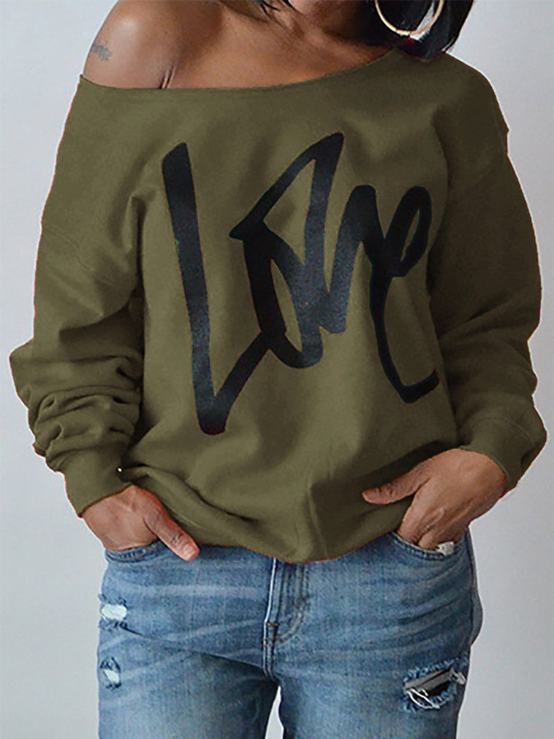 Sweat-shirt à Epaule Dénudé Imprimé avec Lettres de LOVE