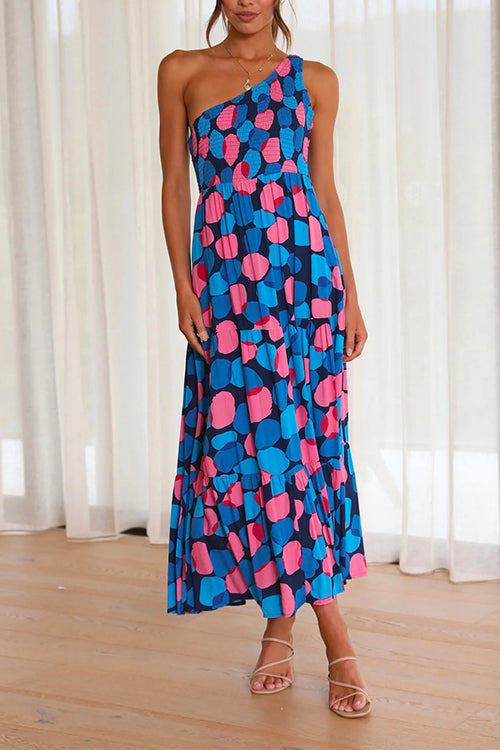 One Shoulder Sleeveless Printed Maxi Ruffle Dress