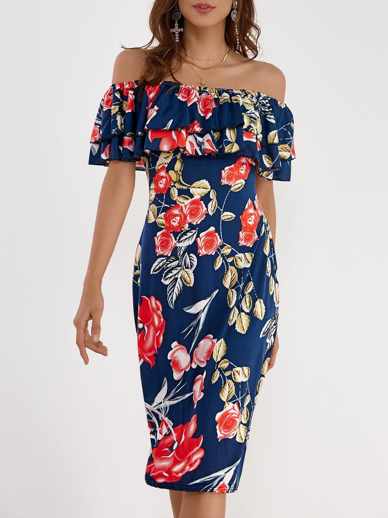 Robe à Imprimé Floral à Epaules Dénudées