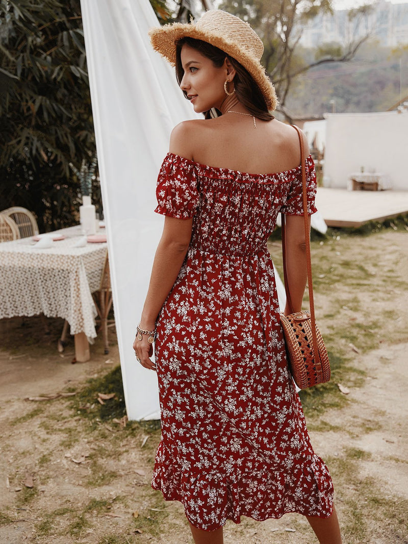 Robe Midi Floral Épaules Dénudées