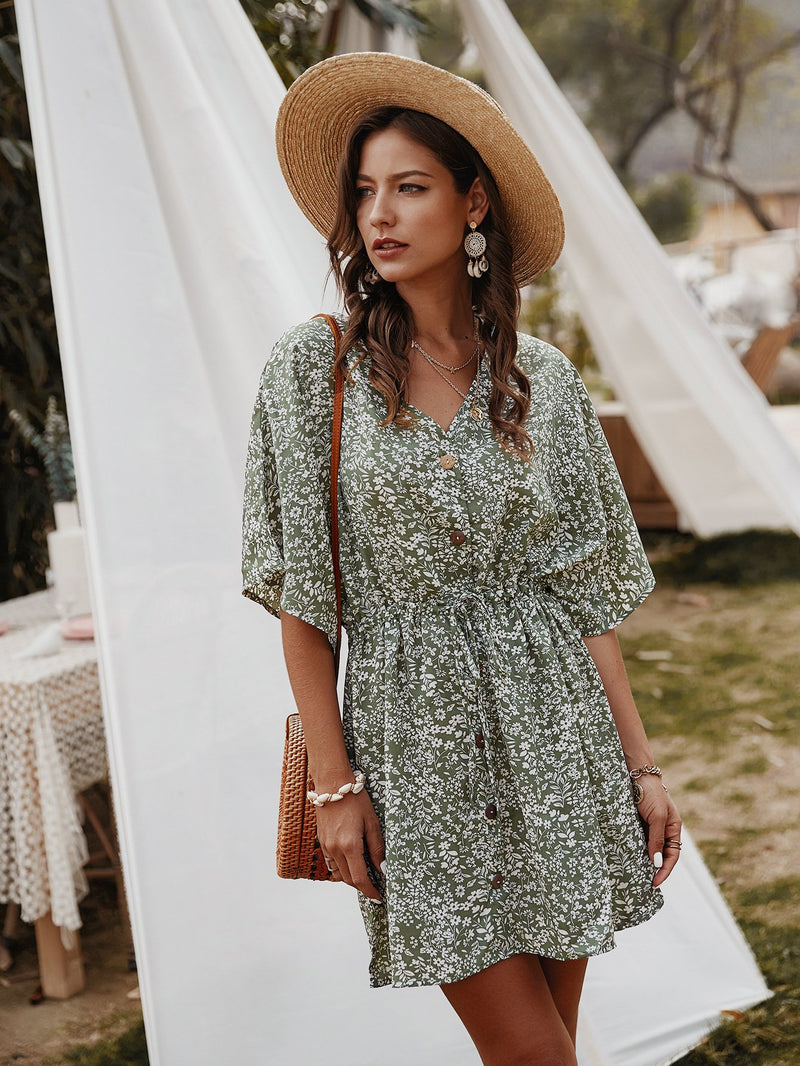 Robe Floral Col en V Demi-Manches  