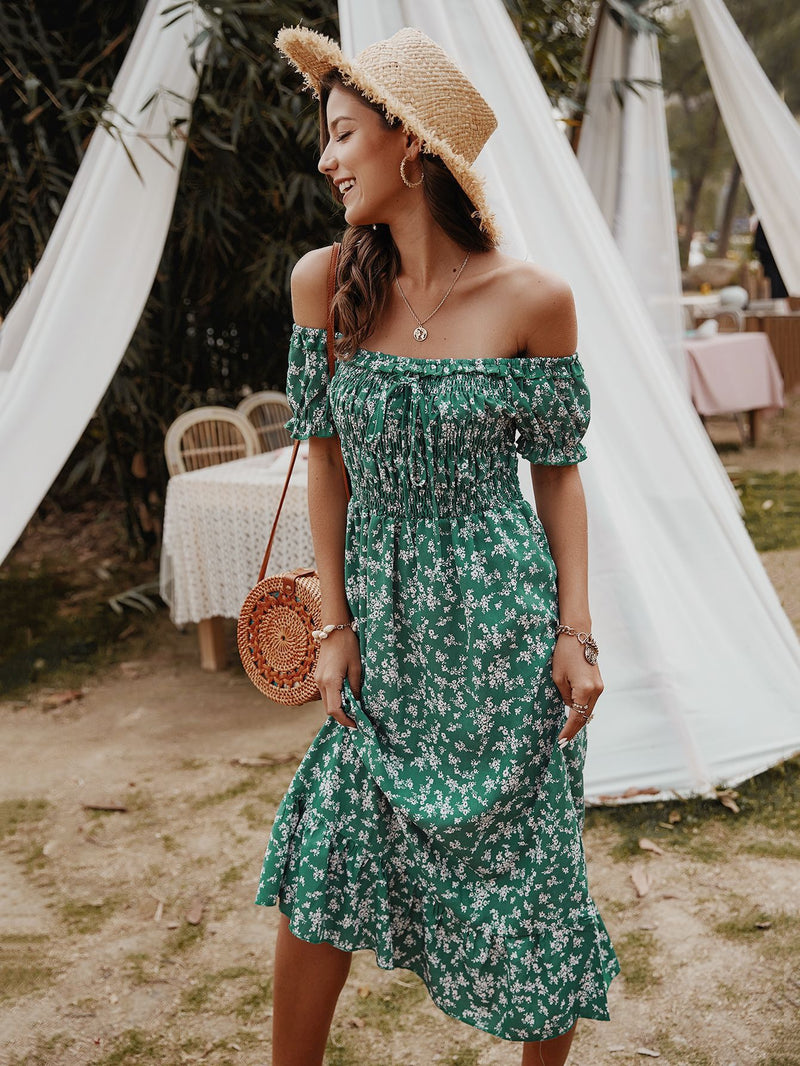 Robe Midi Floral Épaules Dénudées