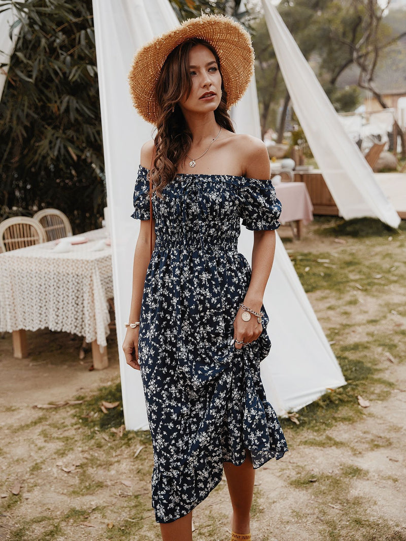 Robe Midi Floral Épaules Dénudées