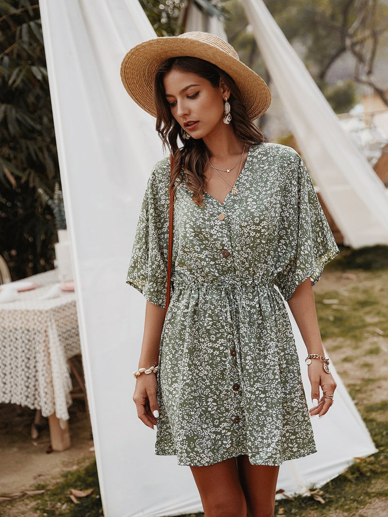 Robe Floral Col en V Demi-Manches  