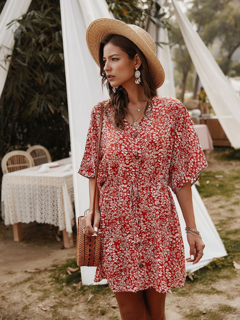 Robe Floral Col en V Demi-Manches  