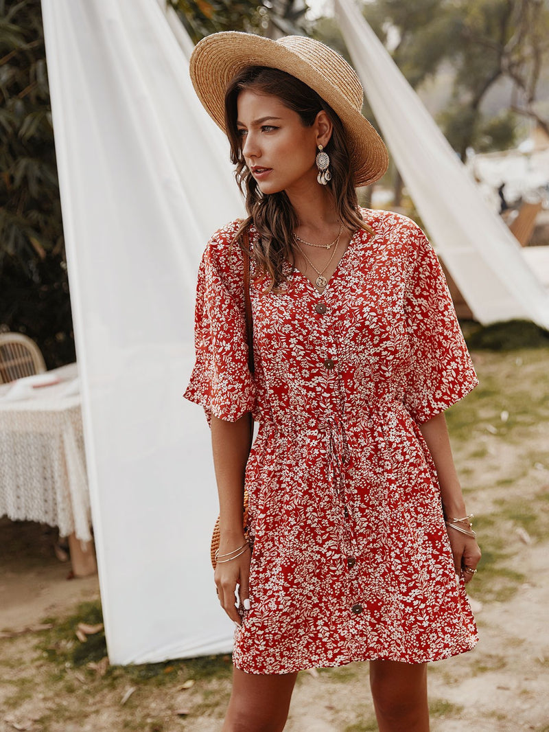 Robe Floral Col en V Demi-Manches  